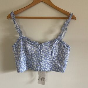 NWT Zara Light Blue White Green Floral Smocked Back Ruffle Crop Tank Top Sz M
